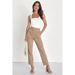 Lulus Chic Business Khaki High-waisted Trouser Pants Beige - Size L